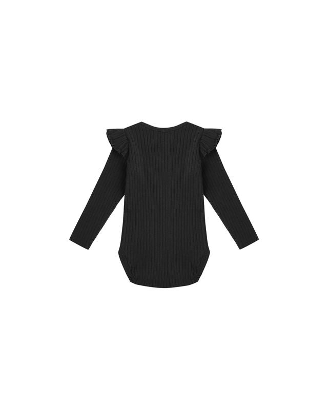 SHOULDER RUFFLE BODYSUIT || BLACK