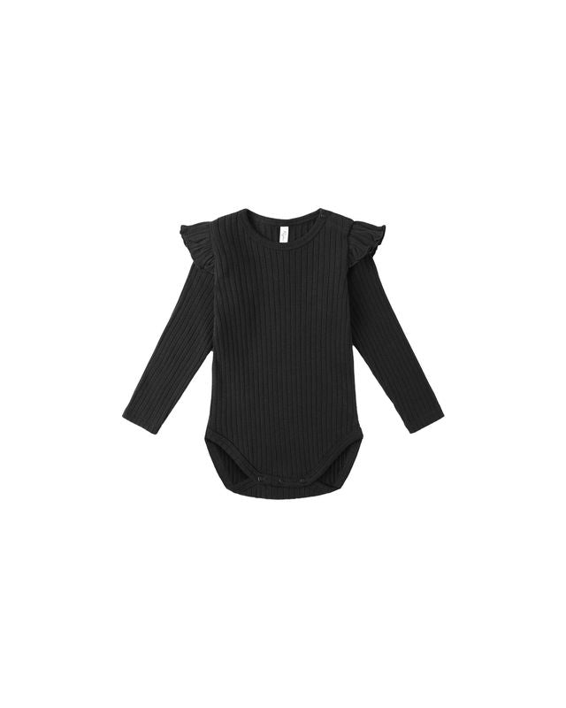 SHOULDER RUFFLE BODYSUIT || BLACK
