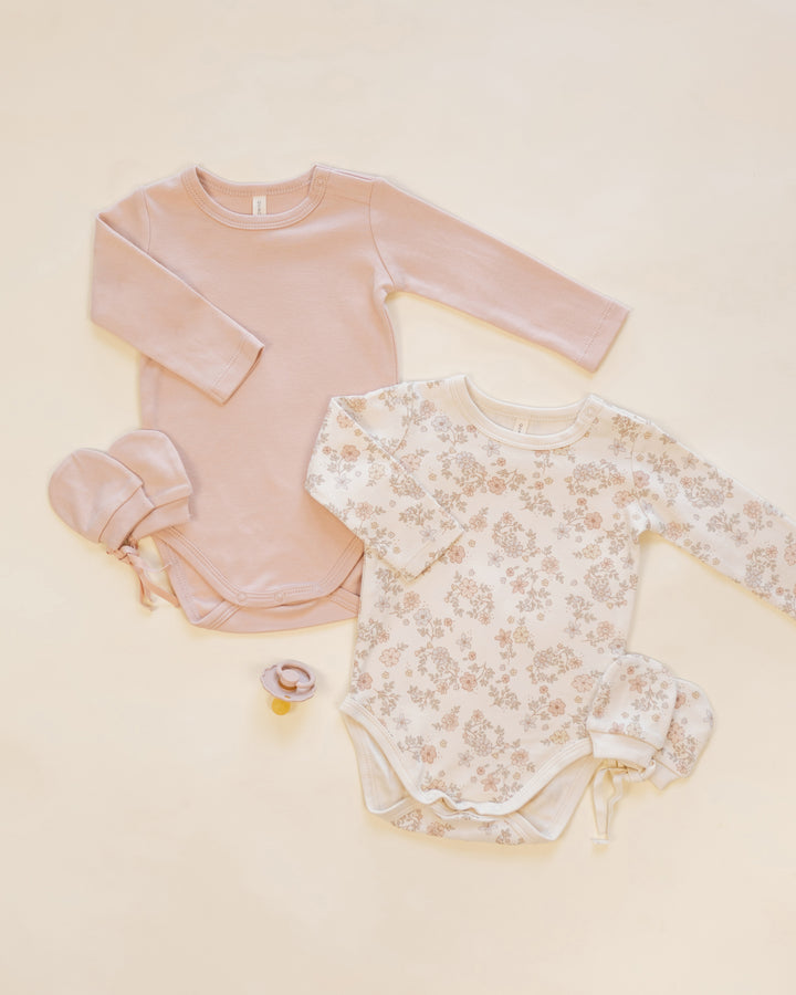 JERSEY BODYSUIT, 2 PACK || FLORAL VINE, DUSTY ROSE