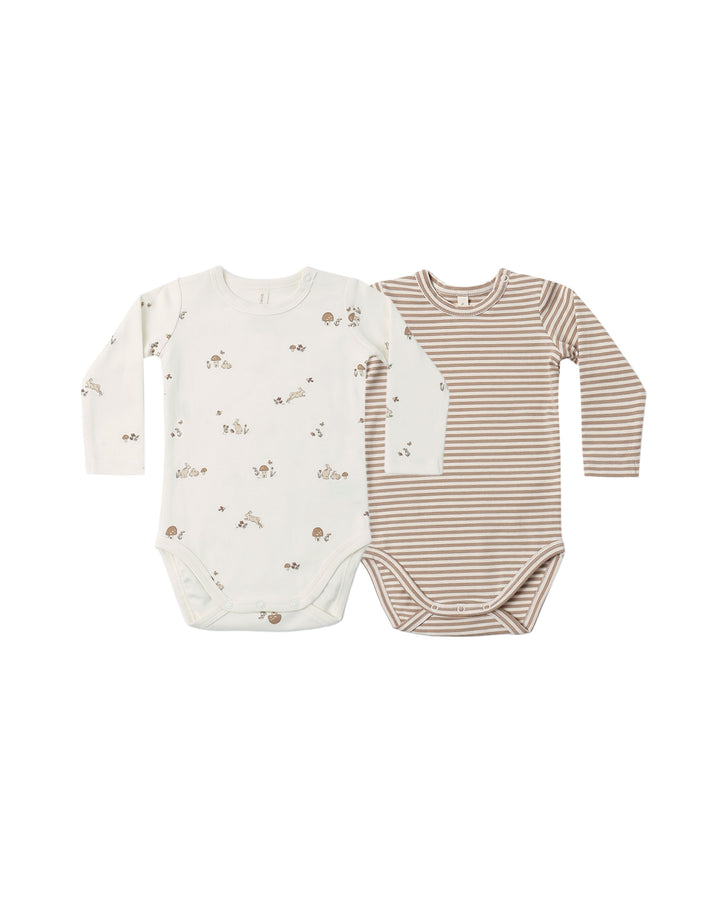 JERSEY BODYSUIT, 2 PACK || BUNNIES, ALMOND STRIPE