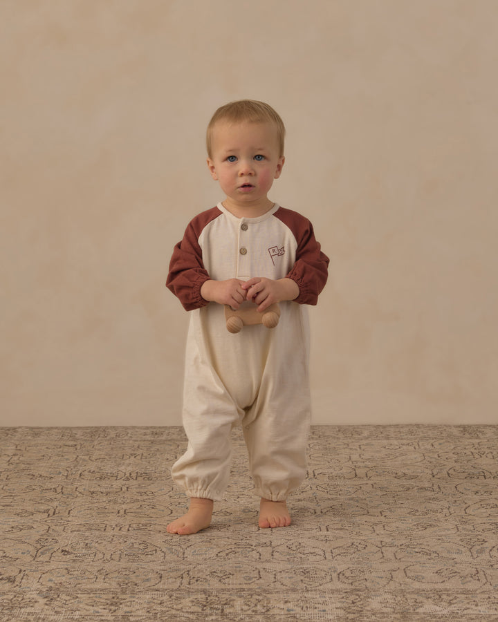 henley jumpsuit || brick color block