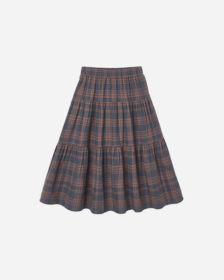 tiered midi skirt || midnight plaid