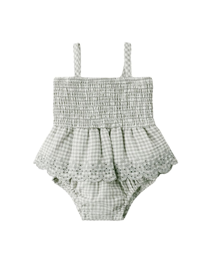 SMOCKED SKIRTED ROMPER || SAGE GINGHAM