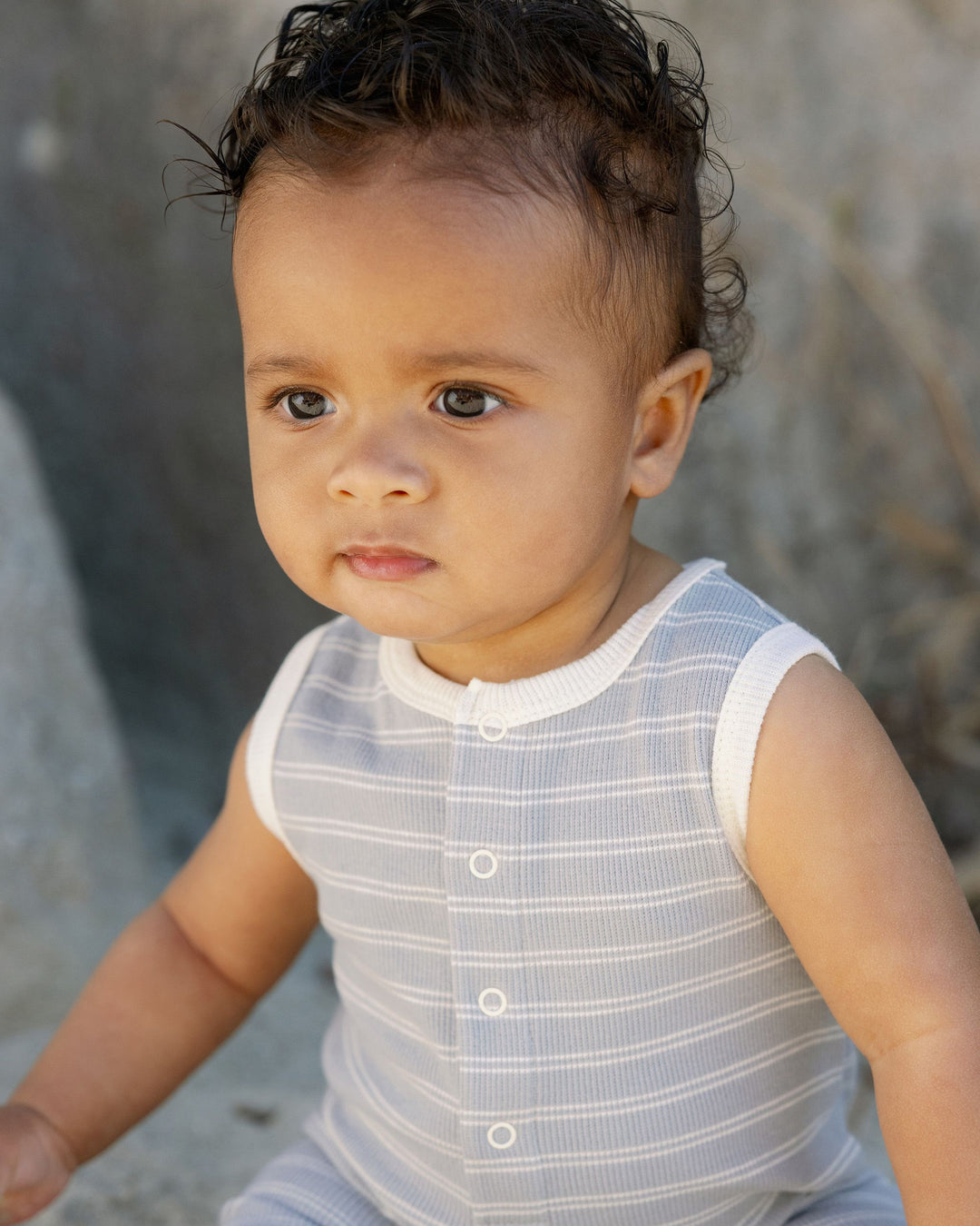 RIBBED HENLEY ROMPER || BLUE PINSTRIPE