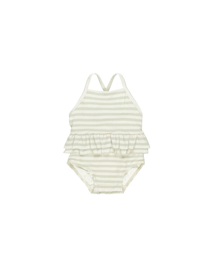 RUFFLED ONE-PIECE SWIMSUIT || MINT STRIPE