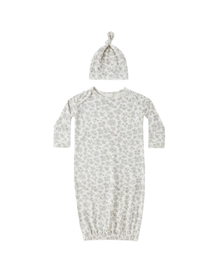 BAMBOO BABY GOWN + HAT SET || BLUE FLORAL