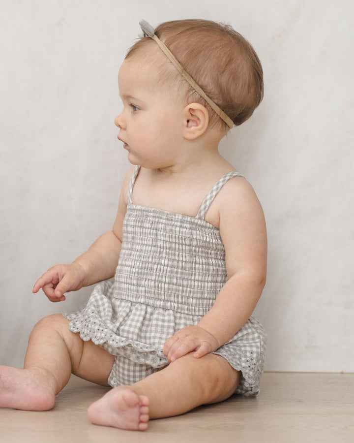 SMOCKED SKIRTED ROMPER || SAGE GINGHAM