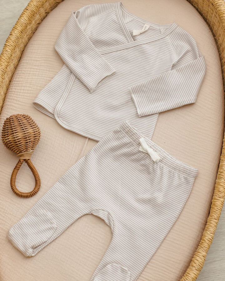 WRAP TOP + FOOTED PANT SET || OAT MICRO STRIPE