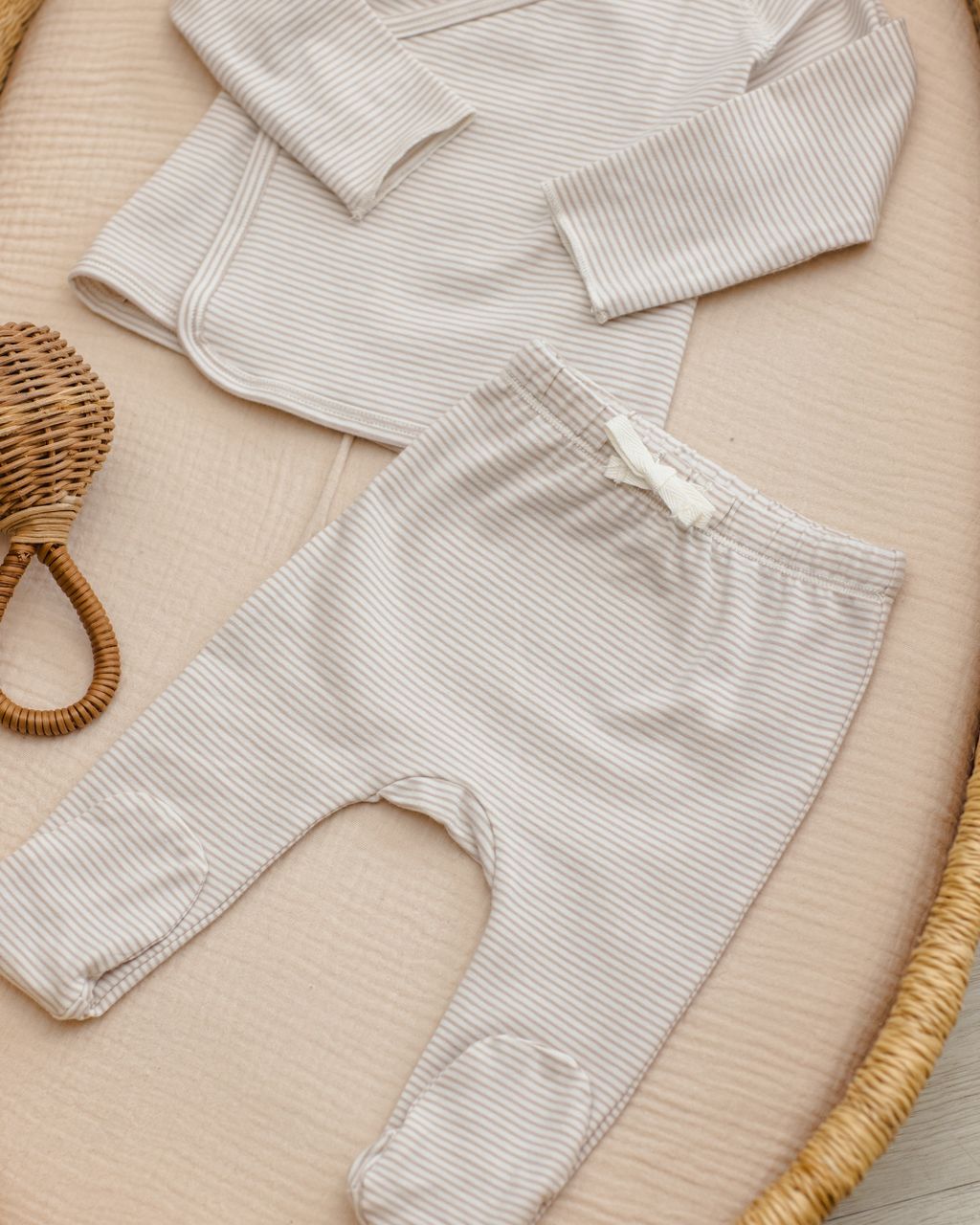 WRAP TOP + FOOTED PANT SET || OAT MICRO STRIPE