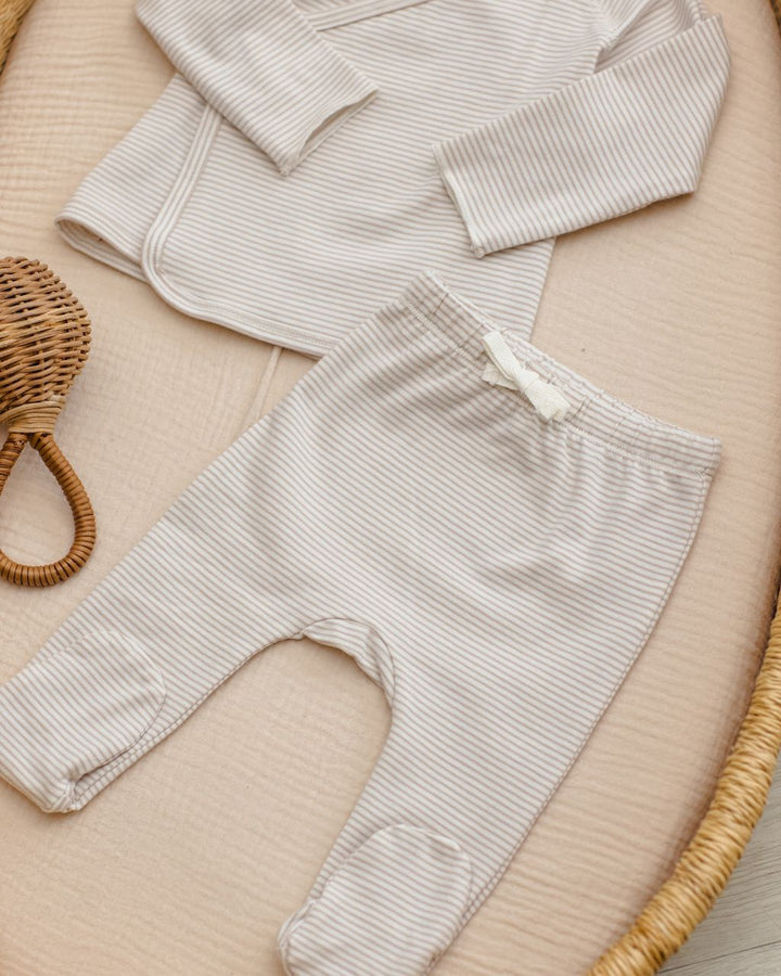 WRAP TOP + FOOTED PANT SET || OAT MICRO STRIPE