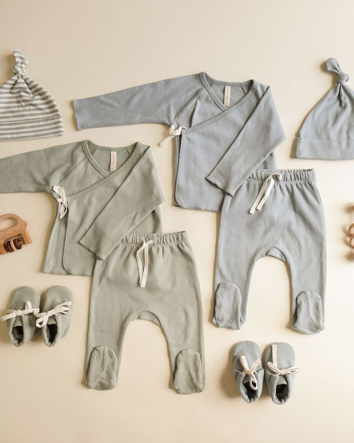WRAP TOP + FOOTED PANT SET || STEEL BLUE