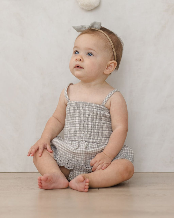 SMOCKED SKIRTED ROMPER || SAGE GINGHAM