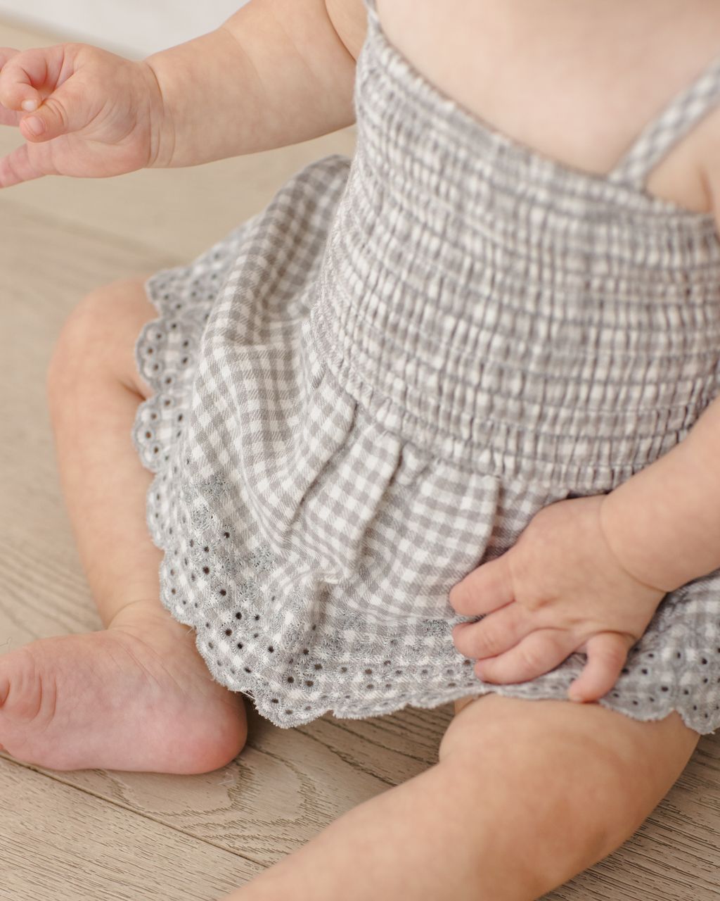 SMOCKED SKIRTED ROMPER || SAGE GINGHAM