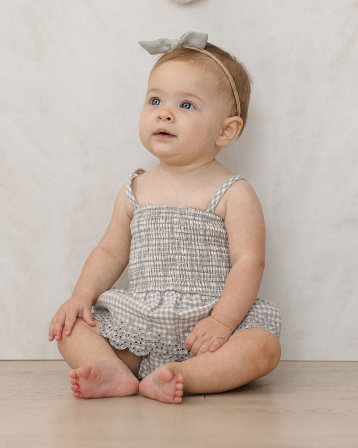 SMOCKED SKIRTED ROMPER || SAGE GINGHAM