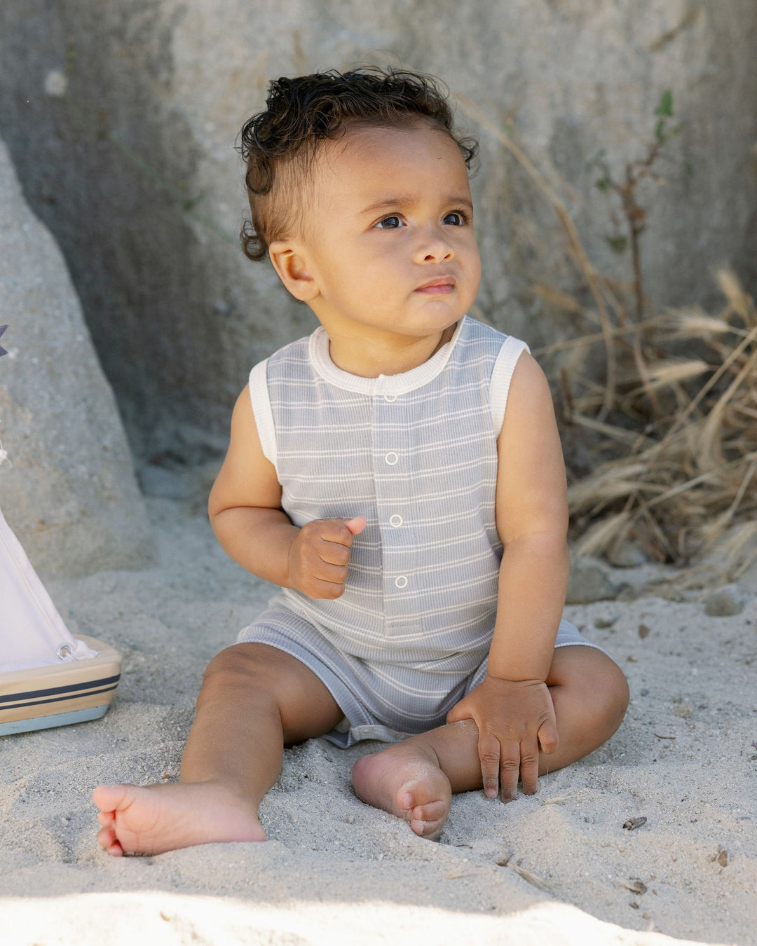 RIBBED HENLEY ROMPER || BLUE PINSTRIPE