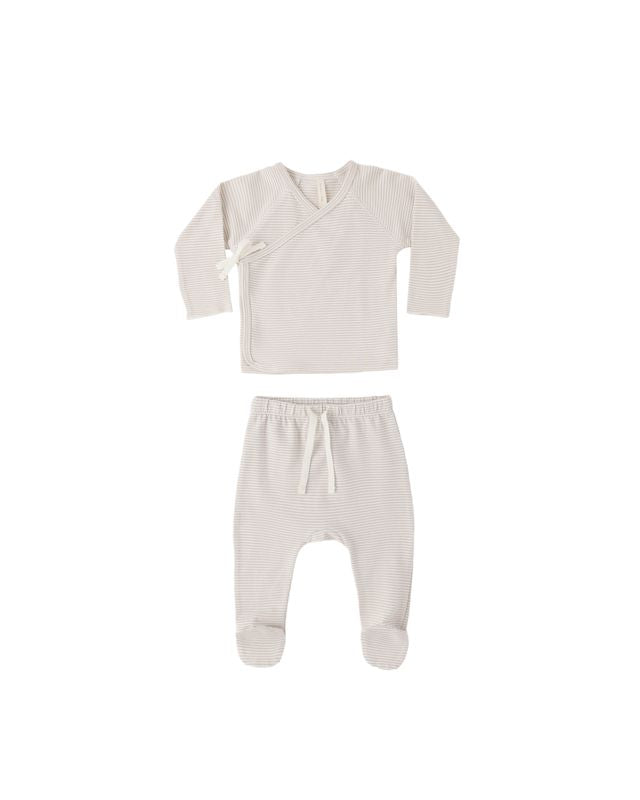 WRAP TOP + FOOTED PANT SET || OAT MICRO STRIPE